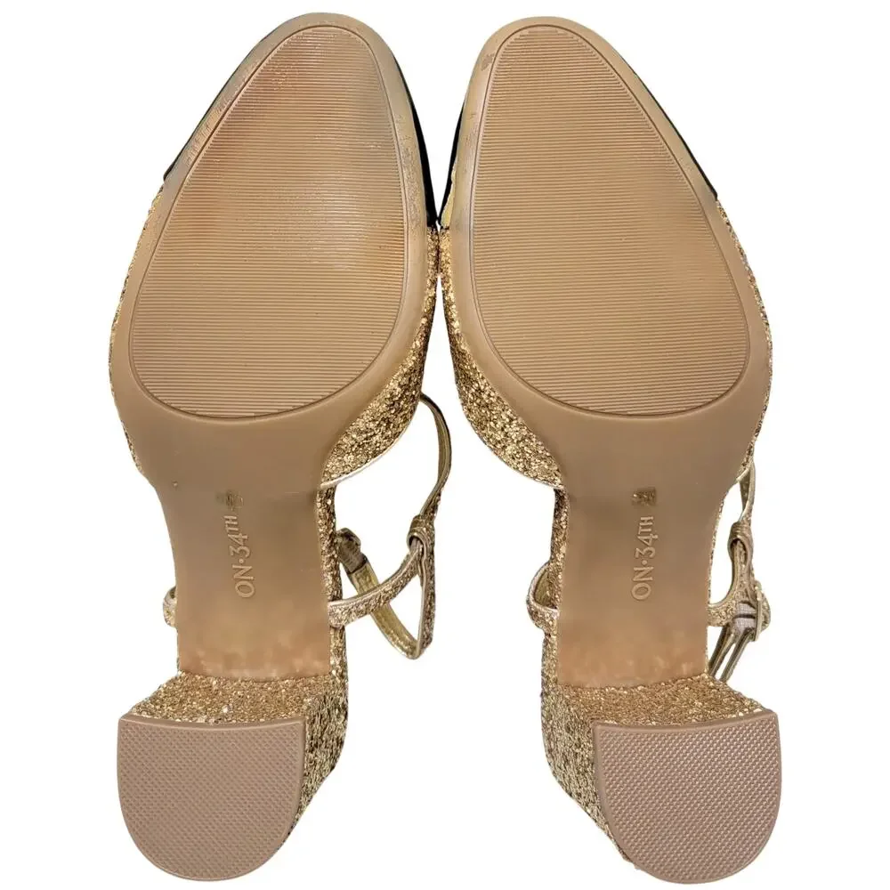 On 34th Women Dotti Cap Toe Ankle Strap Pump Heels Size US 9M Gold Glitter